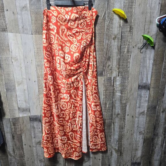 Micas Orange All Over Print Slit Maxi Satin Skirt - Picture 1 of 5